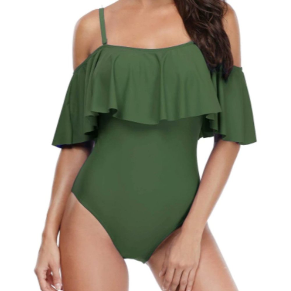 NWT Tempt Me Small One piece swimsuit Cold shoulder ruffle Green Swim Womens‎